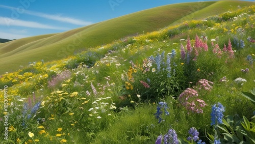 Expansive wildflower field in full bloom, showcasing vibrant colors and natural beauty of flowering plants under a clear sky