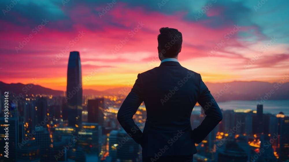 Fototapeta premium Determined Businessman Strategizing at Sunset in High-rise Office with Cityscape Background