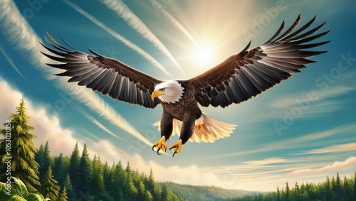 Majestic eagle soaring with wings spread wide against a clear blue sky, symbolizing freedom and strength in nature