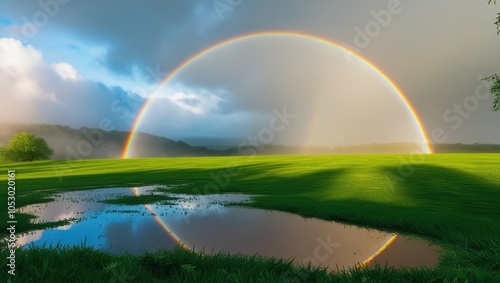 Simple landscape with green fields stretching under a bright rainbow, symbolizing hope and beauty in nature.