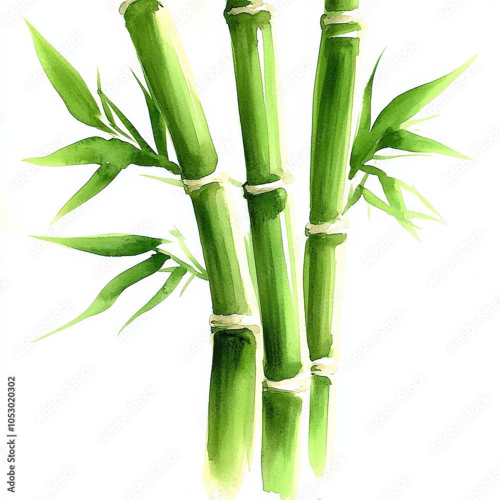 Fototapeta premium Vivid Watercolor Bamboo Illustration Featuring Green Stalks and Leaves for Zen, Nature Art, Botanical Decor, Eco-Friendly Design, Garden Inspiration, Asian Aesthetics