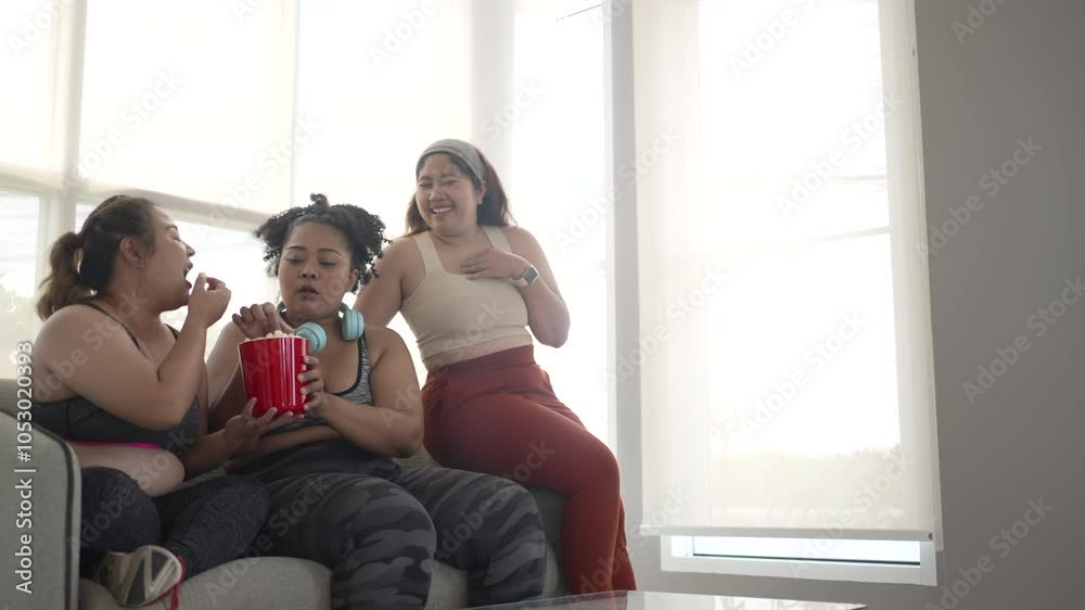 Plus size women eat popcorn at fitness center. Health care, lifestyle. Plus size women eat popcorn at fitness center. Health care, lifestyle.