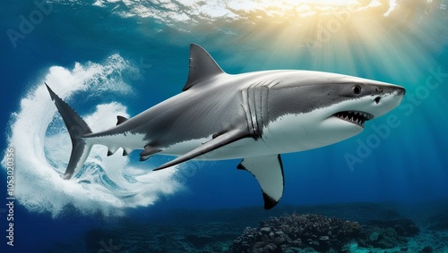 Graceful shark swimming in clear blue ocean waters, representing the strength and beauty of marine life in its natural habitat