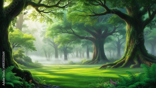 Majestic tree in the heart of a lush forest, bathed in soft sunlight, portraying the serenity and beauty of untouched nature.