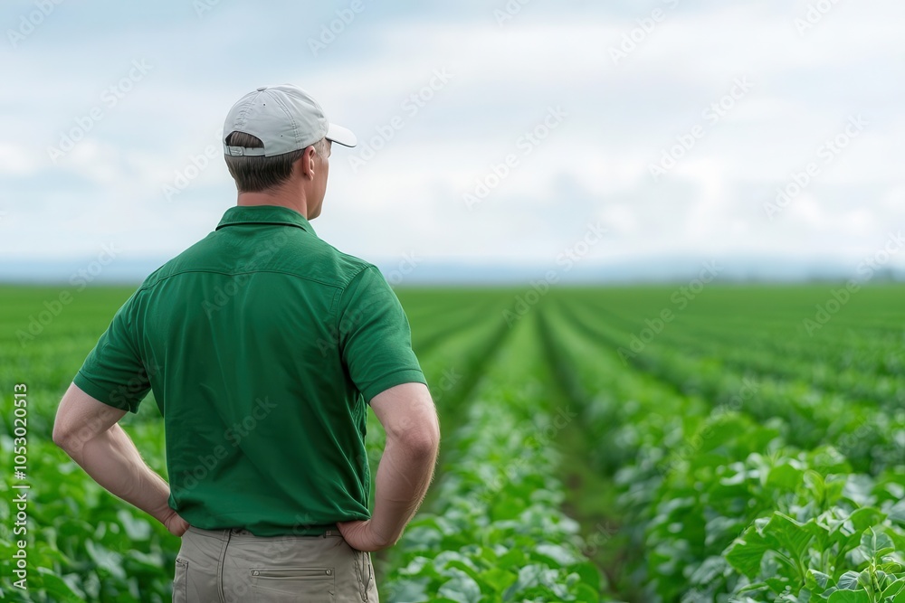 Farmer observing green field under cloudy sky, white isolate background. Farmer observing green field under cloudy sky, white isolate background.