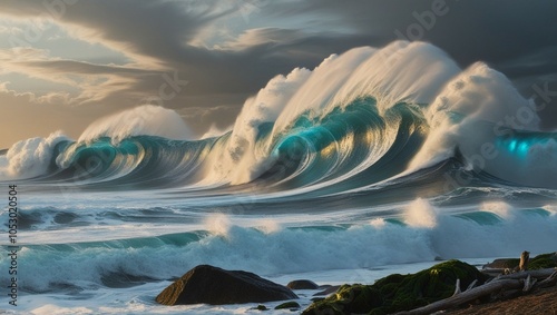 Dynamic ocean wave captured in motion, showcasing the powerful and captivating force of nature as water surges and crashes