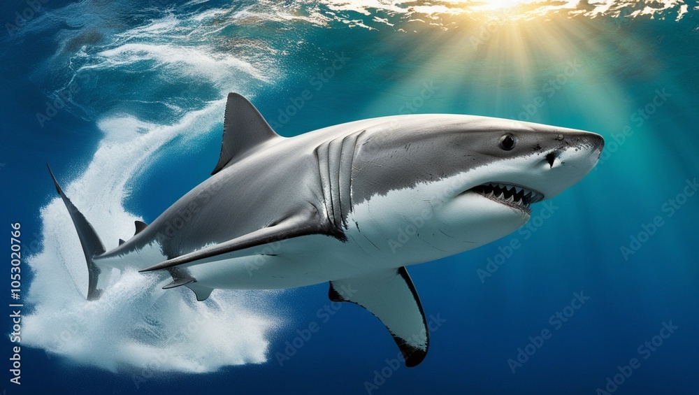Obraz premium Large shark gliding near the ocean surface, showing its sleek, powerful form in a captivating underwater environment.
