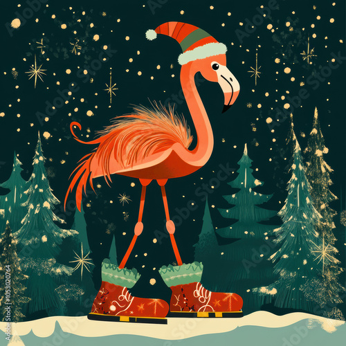 Festive flamingo with Christmas hat and boots in a snowy winter scene.