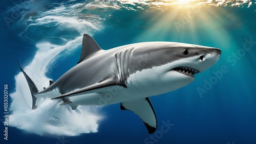 Large shark gliding near the ocean surface, showing its sleek, powerful form in a captivating underwater environment.
