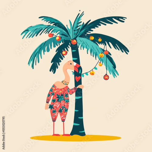 Flamingo character with palm tree and decorations, vibrant colors, playful design.