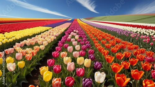 Vibrant tulip field in full bloom, displaying rows of colorful flowers under a bright sky, showcasing springtime beauty and natural abundance.