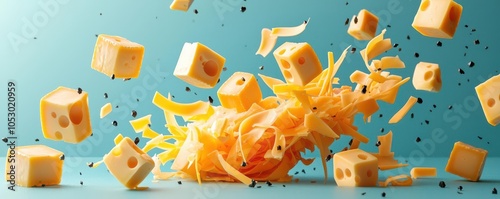 A playful explosion of cheese cubes, slices, and shreds mid-air, vibrant colors and textures, creating a chaotic yet fun scene photo