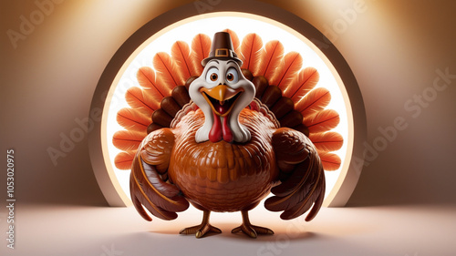 A cartoon turkey with a red beak and yellow eyes. The turkey is standing on a tan background photo