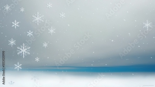 Peaceful winter scene with delicate snowflakes falling over a serene, snow-covered landscape, capturing the quiet beauty of the season.