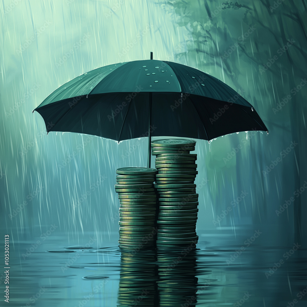 custom made wallpaper toronto digitalRainy day money: An umbrella covering a stack of coins on wet ground, with a light rain falling in the background, symbolizing financial protection.