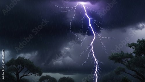 Dramatic lightning bolt cutting through dark, stormy clouds, illustrating the raw power and intensity of nature's forces