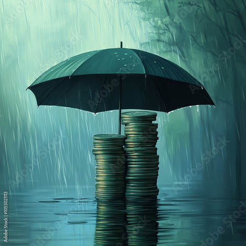 Wallpaper Mural Rainy day money: An umbrella covering a stack of coins on wet ground, with a light rain falling in the background, symbolizing financial protection.  Torontodigital.ca