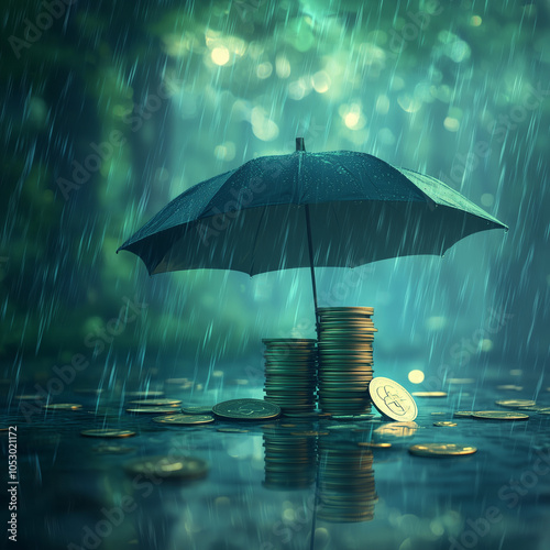 Wallpaper Mural Rainy day money: An umbrella covering a stack of coins on wet ground, with a light rain falling in the background, symbolizing financial protection.  Torontodigital.ca