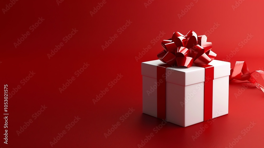Obraz premium A white gift box with a red ribbon and bow sits on a red background.