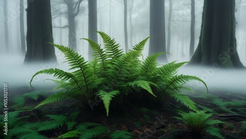 Dense ferns thriving in a misty, atmospheric forest, evoking calm and the untouched beauty of woodland ecosystems.