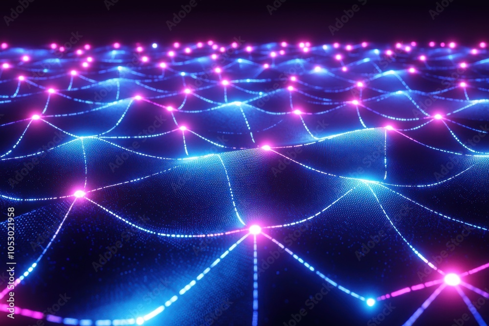 Obraz premium A vibrant, abstract representation of a network, showcasing interconnected nodes with glowing blue and pink lines, suggesting technology and data flow.