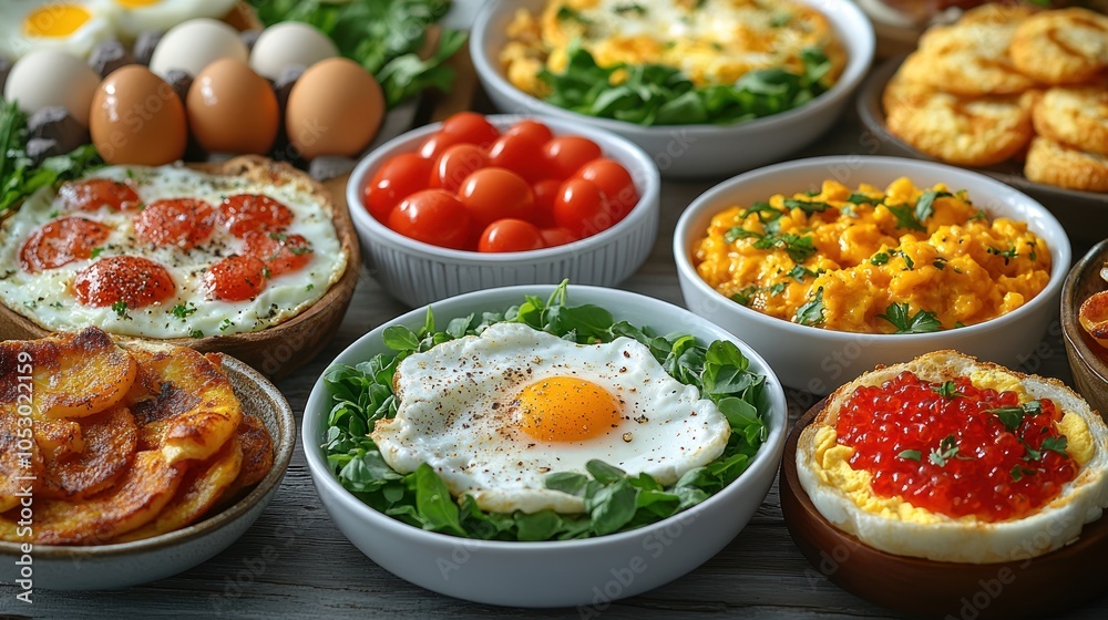 A colorful spread of various breakfast dishes and ingredients. A colorful spread of various breakfast dishes and ingredients.