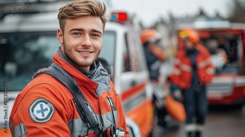 Smiling Male Paramedic with Ambulance Background. Smiling male paramedic stands confidently in front of an ambulance, ready to respond to emergencies with professionalism and care. photo