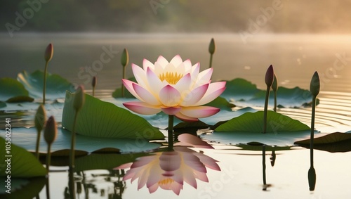 Peaceful lotus flower floating on calm water, representing purity, serenity, and tranquility in nature.