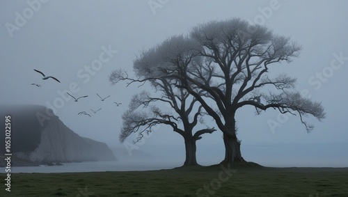 A solitary, bare tree in a foggy, mist-filled landscape, symbolizing calmness and solitude in nature.