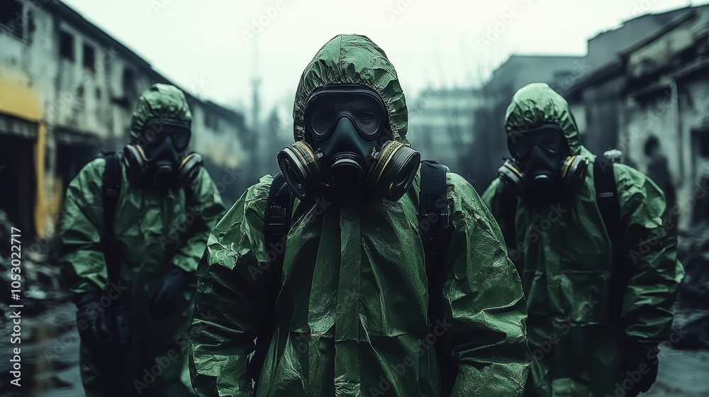 Group in hazmat suits, deserted location Group in hazmat suits, deserted location
