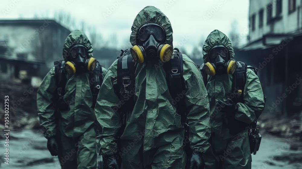 Group in hazmat suits, deserted location Group in hazmat suits, deserted location