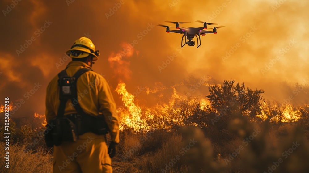 Firefighter and Drone Battling Intense Wildfire. Firefighter faces an intense wildfire with drone assistance, illustrating the integration of technology in fire emergencies and rescue efforts. Firefighter and Drone Battling Intense Wildfire. Firefighter faces an intense wildfire with drone assistance, illustrating the integration of technology in fire emergencies and rescue efforts.