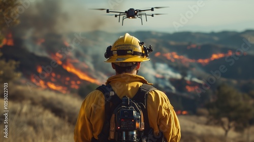 Firefighter Monitoring Wildfire with Drone Assistance. Firefighter uses a drone to monitor a wildfire's spread, emphasizing technology's role in modern firefighting and emergency management.