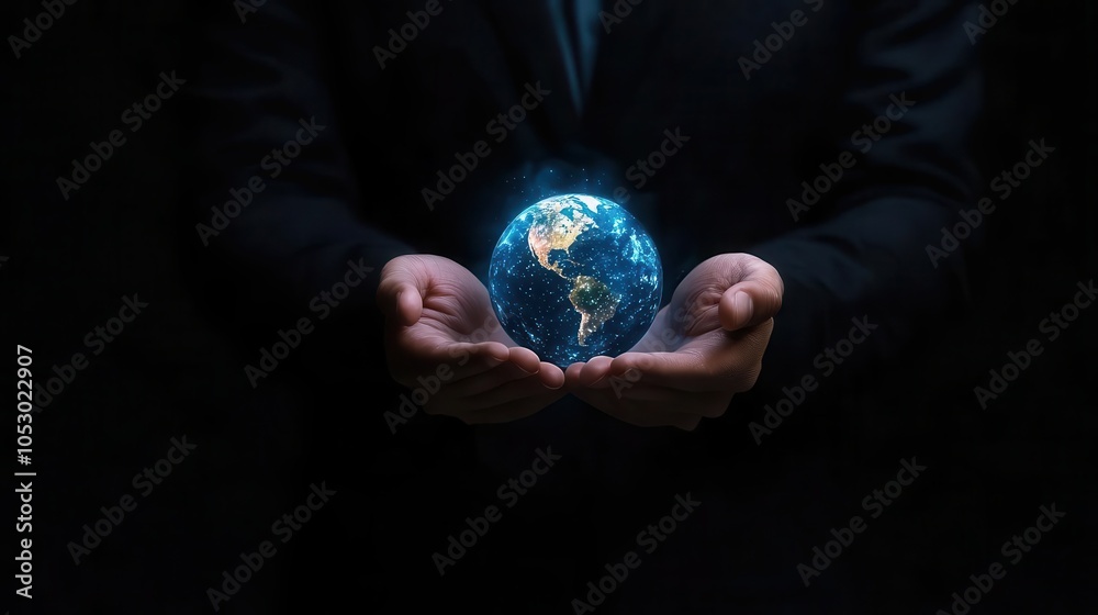 Person holding a glowing globe in dark background Person holding a glowing globe in dark background