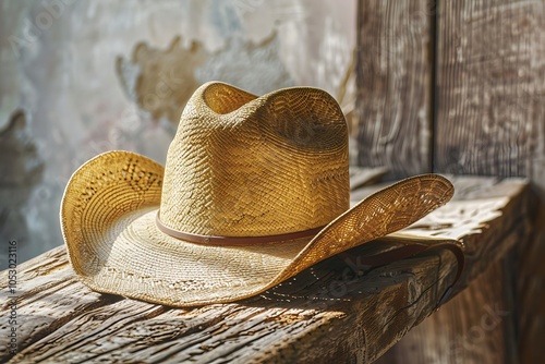 A straw cowboy hat sits on a weathered wooden table, cowboy boots and hat, A cowboy hat with a leather band and rope lies on a wooden table in a rustic setting
