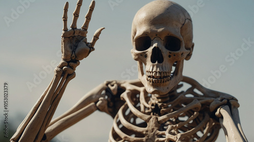 A skeleton is waving its hand. The skeleton is wearing a white shirt. The skeleton is standing in a forest photo