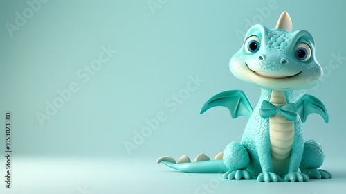 A cute cartoon dragon is sitting on a blue background. photo