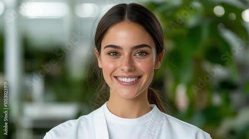 Smiling woman in white attire in a greenery background