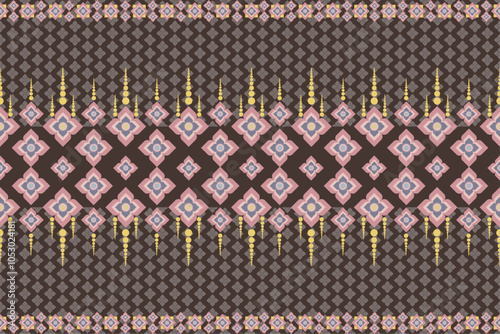 Thai fabric pattern Thai fabric pattern Vintage Floral Geometric Pattern with Pink Blossoms and Golden Accents