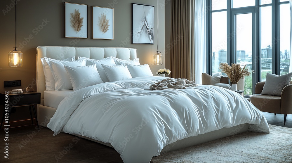 Obraz premium A modern bedroom with a plush white bed, two bedside tables with lamps, and a large window overlooking a cityscape.