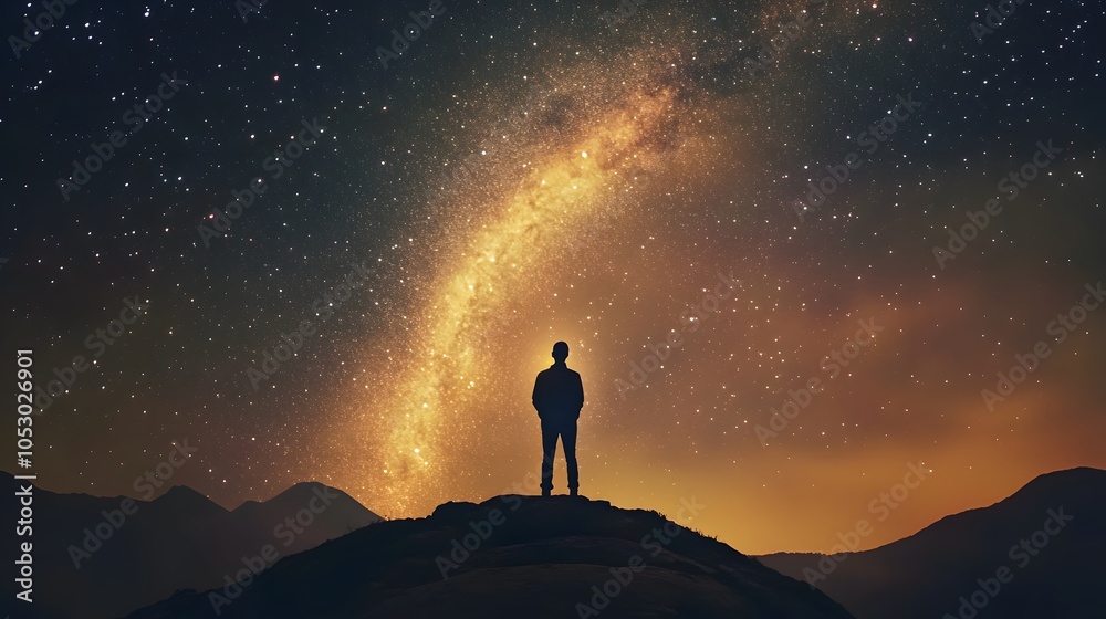 Fototapeta premium Arched Milky Way and happy man on the mountain at night. Silhouette of guy with raised up arm on the hill, sky with stars, yellow light in Nepal. Galaxy. Space landscape with milky way arch. Travel.