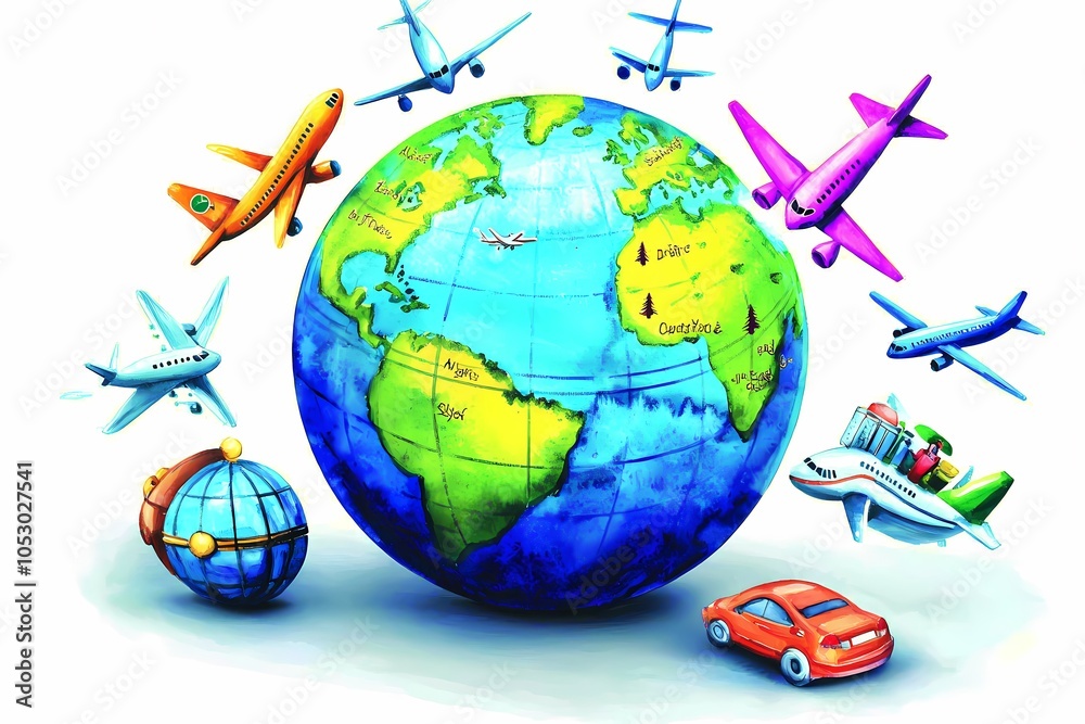 Naklejka premium Colorful Globe Surrounded by Travel Icons and Planes