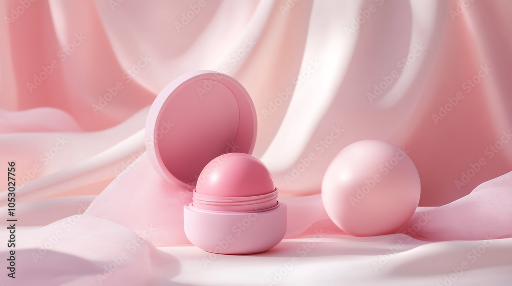 Soft pink lip balm displayed on silky fabric, showcasing beauty product in elegant setting Soft pink lip balm displayed on silky fabric, showcasing beauty product in elegant setting