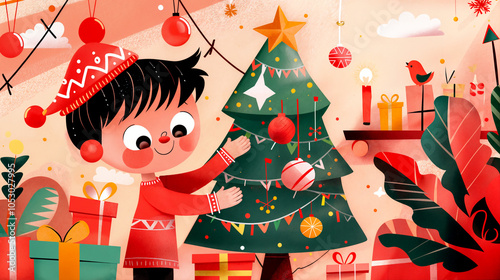 Festive Young Boy Decorating a Snowy Christmas Tree with Gifts Around