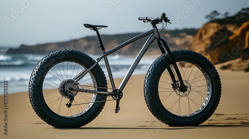 A silver mountain bike with large tires sits on a sandy beach in front of the ocean.