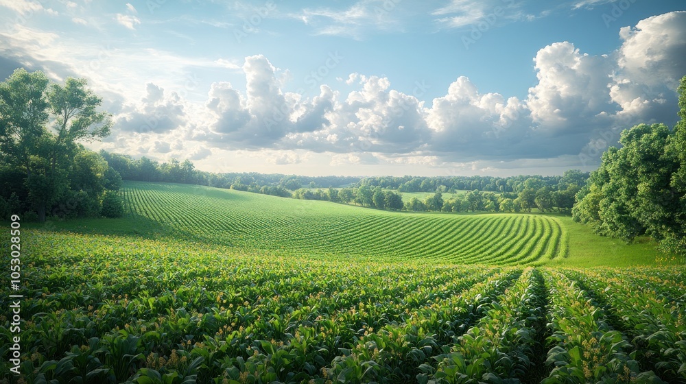 Lush green fields under a bright sky with scattered clouds. Lush green fields under a bright sky with scattered clouds.