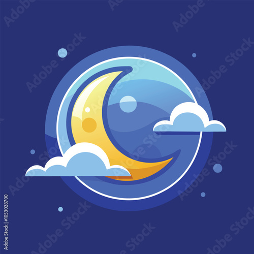 A cartoon crescent moon shines brightly in the night sky, surrounded by fluffy clouds.