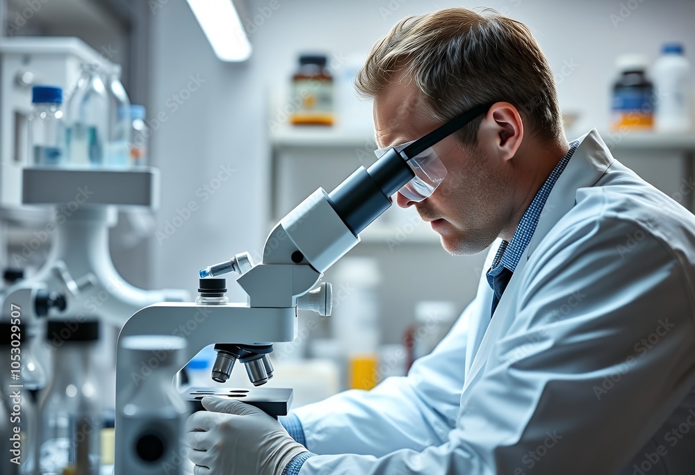 Scientist Examining Sample Under Microscope in Laboratory Scientist Examining Sample Under Microscope in Laboratory