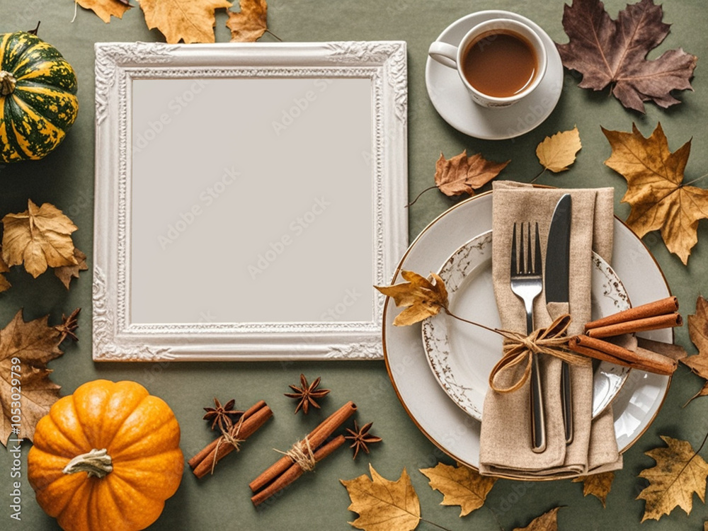 Thanksgiving celebration idea. Top view shot of plate, cutlery, napkin, tablecloth, pumpkins, cinnamon sticks, cup, dry leaves on olive background with empty frame for advert or text