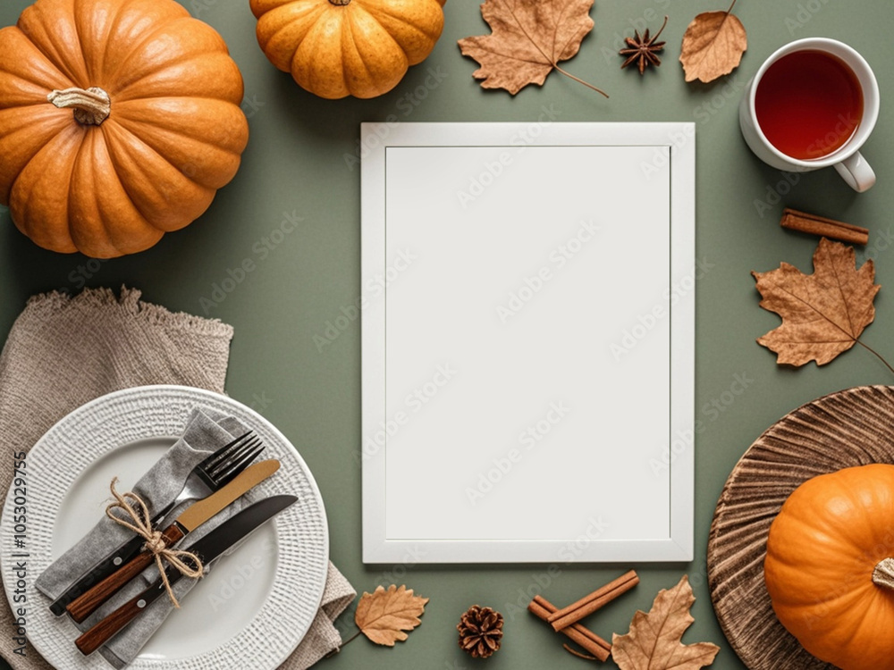 Thanksgiving celebration idea. Top view shot of plate, cutlery, napkin, tablecloth, pumpkins, cinnamon sticks, cup, dry leaves on olive background with empty frame for advert or text